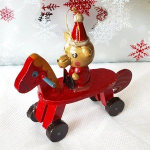 Vintage Wooden Bear Riding a Red Wooden Rolling Horse Toy Christmas Ornament